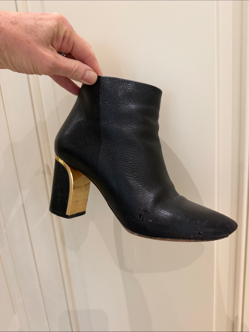 Chloe Black Leather Pointed Ankle Booties with Gold Zip